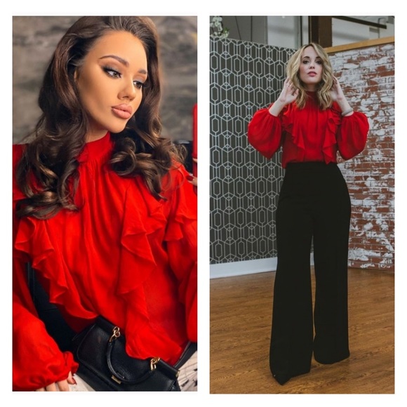 H&M Tops - SOLD H&M x Giambattista | Red ruffled silk blouse